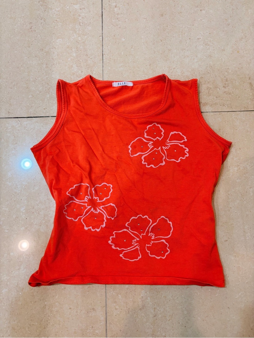 ELLE Vintage y2k Orange Floral Sleeveless Tank Top with rhinestone details